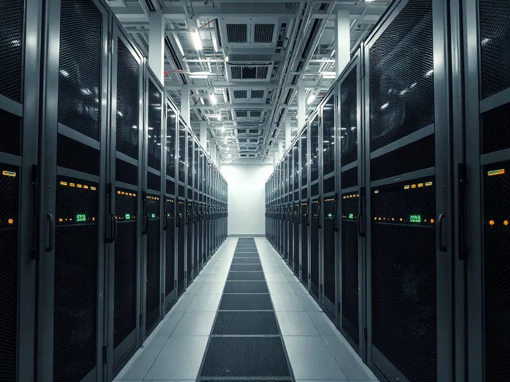 A high-tech server room with clean lines, steel gray racks,