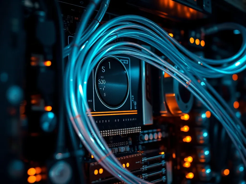 Close up of high speed server motherboard with glowing fiber